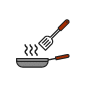 Stir fry pans accessory feature, with an icon of a spatula lifting food from a hot pan