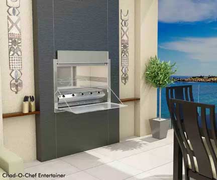 Chad-O-Chef Entertainer built-in stainless steel outdoor cooker in a charcoal tiled patio feature wall