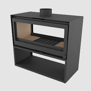 Forge F D100 double-sided freestanding fireplace with open storage base shown on plain background