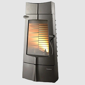 Freestanding contemporary wood-burning stove with large glass viewing window and sculpted steel body.