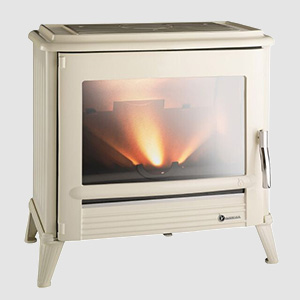 Freestanding cream cast iron wood-burning stove with large glass viewing window.