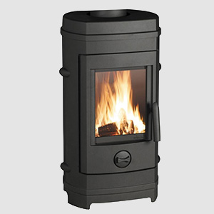 Freestanding cylindrical cast iron wood-burning stove with large glass door and compact design.