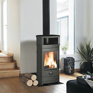 Freestanding cast iron wood-burning stove with integrated log compartment in bright contemporary living room.